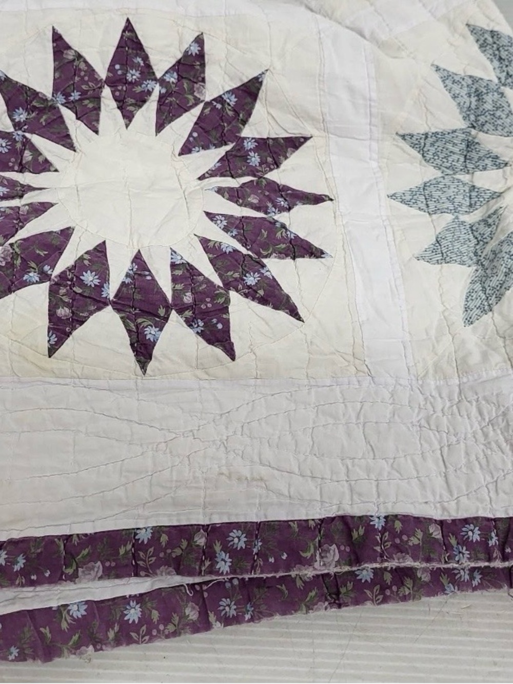 Antique Handmade Quilt Floral Star on one side, and Wedding Ring on other